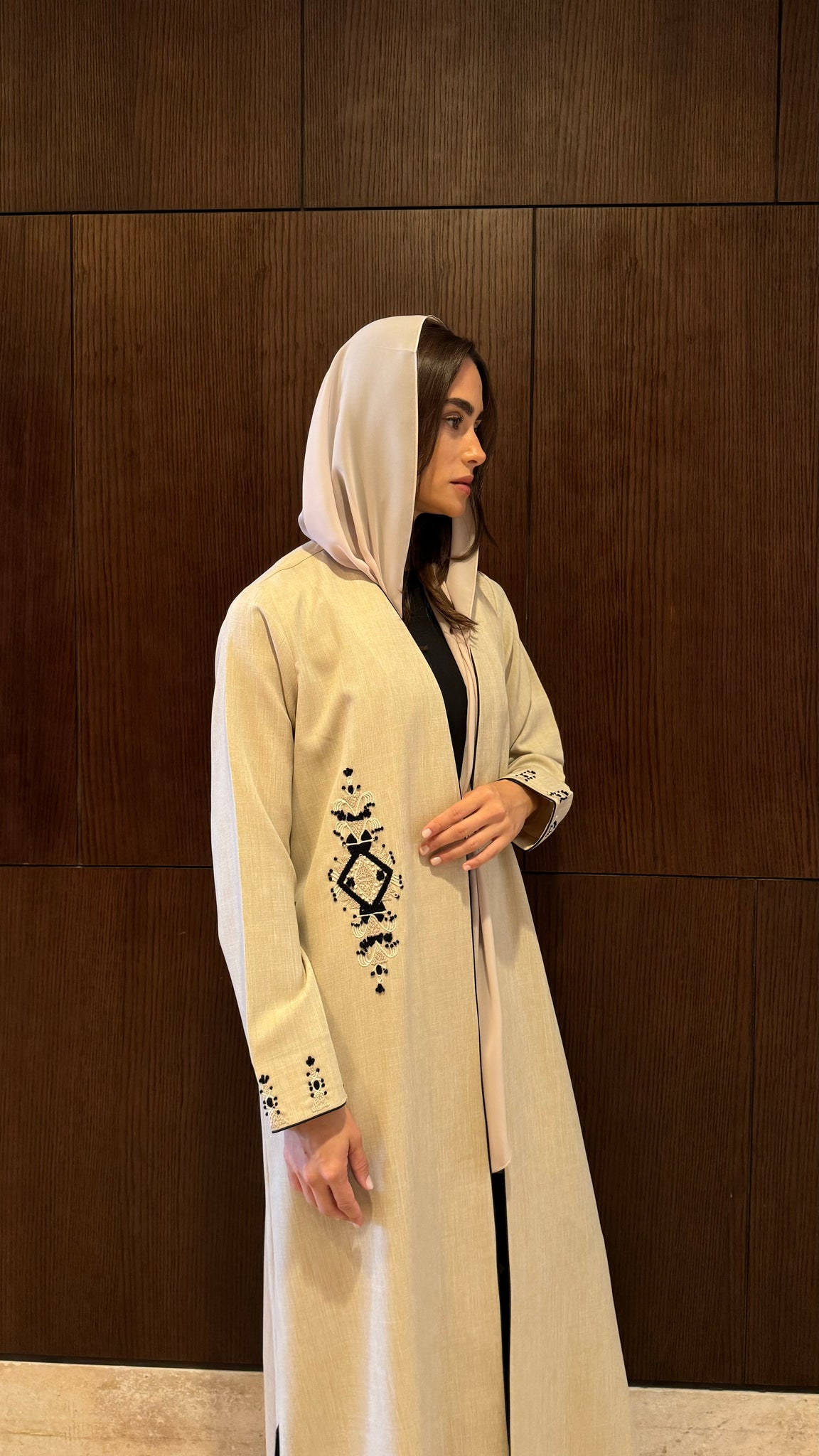 Beige Geometric Embroidered Abaya